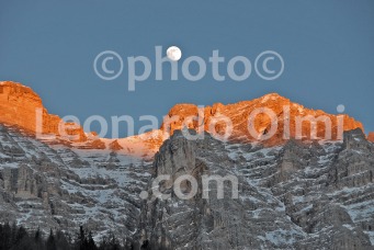 Italy, Dolomites mountains, Alta Badia, Fanes group from Piz Sorega at sunset, moon DSC_0299 bis copy